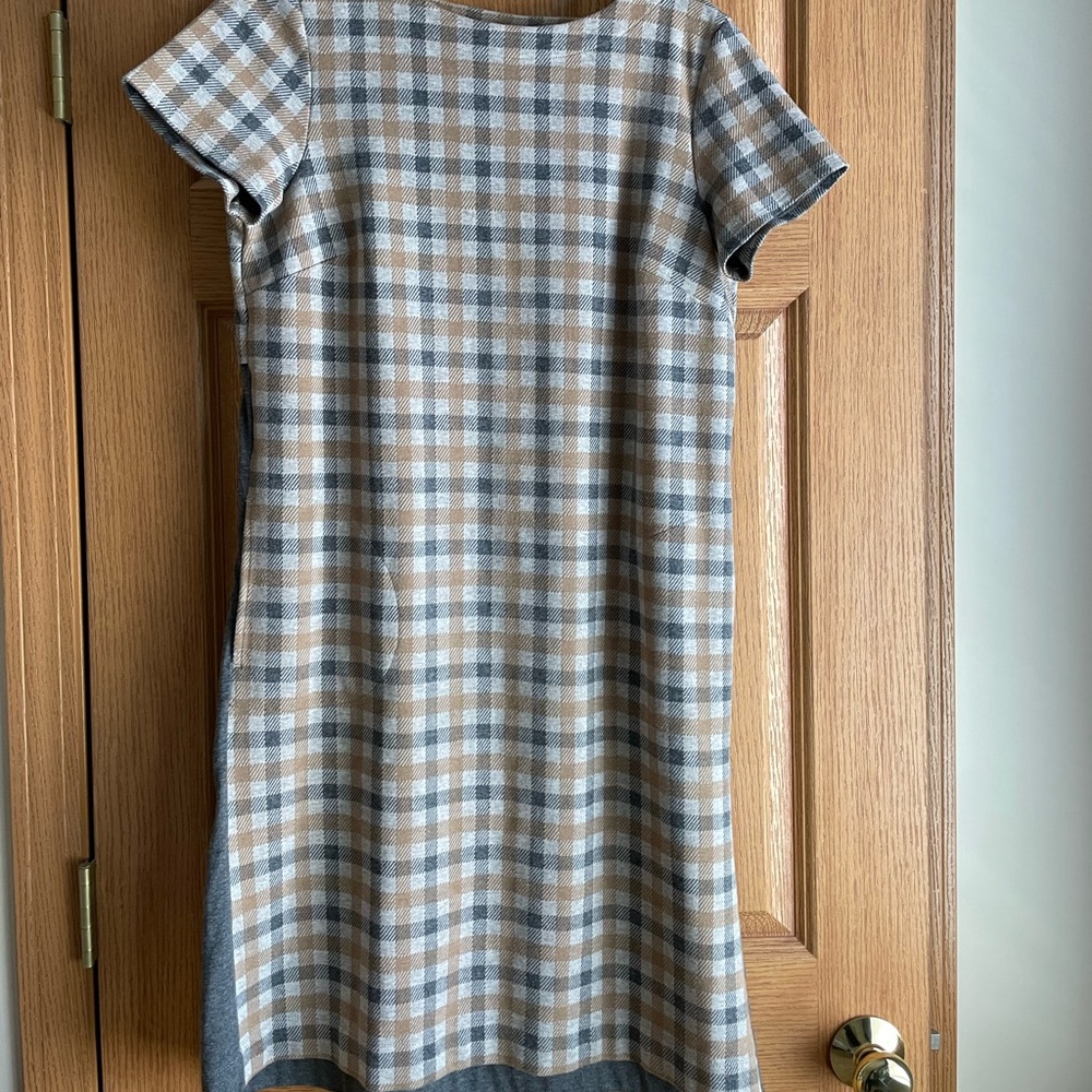 J. Jill  small tall plaid dress cotton jersey knit grey camel